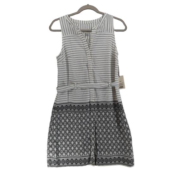 A New Day Striped Shift Dress XS White Black‎ Geometric Belted Diamond Crew Mini - Picture 1 of 11